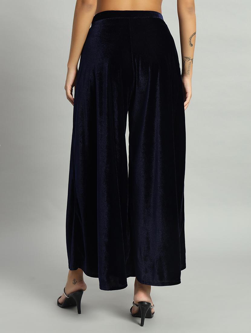 women solid high rise velvet flared palazzo - 22013240 - Standard Image - 2