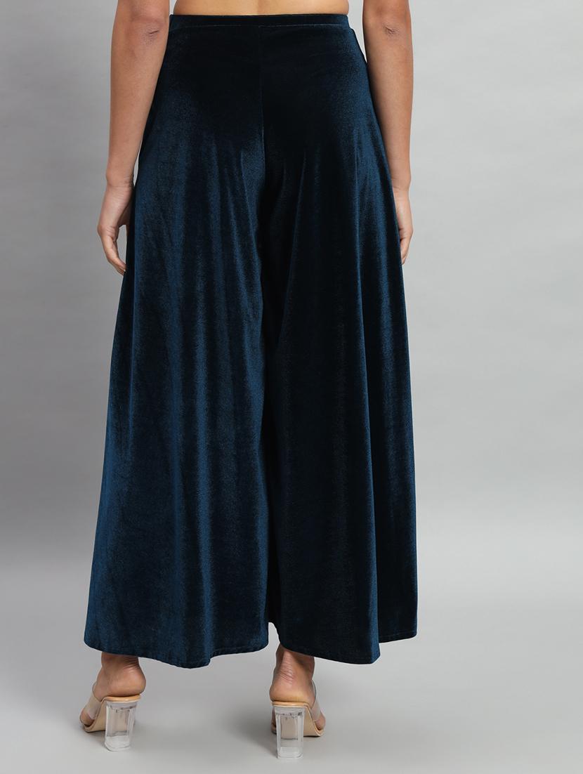 women solid high rise velvet flared palazzo - 22013241 - Standard Image - 2