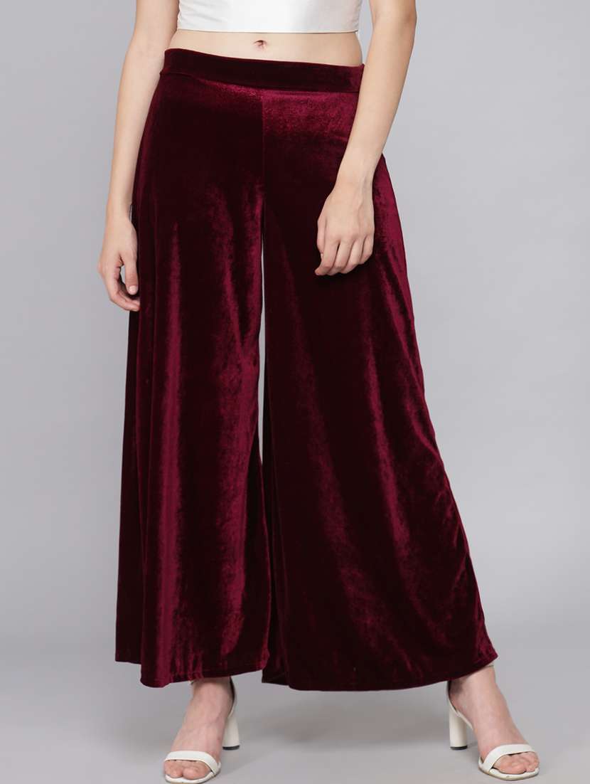 women solid high rise velvet flared palazzo