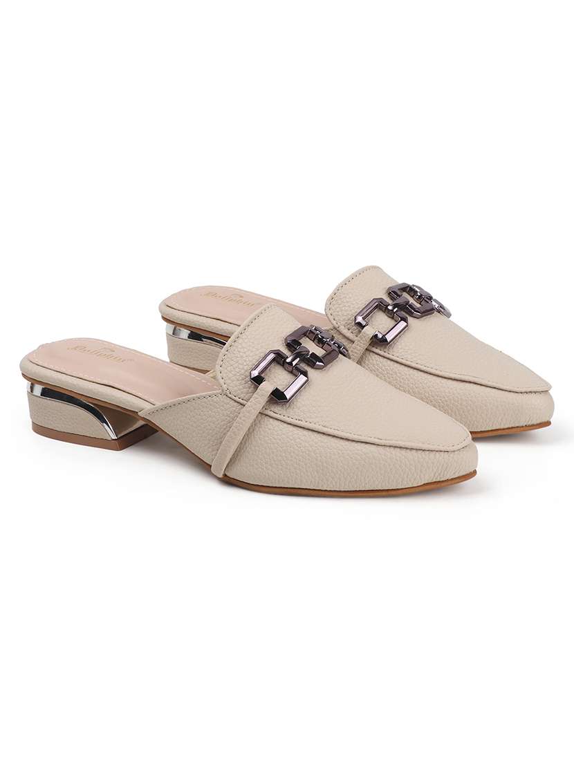 Women Beige Solid Slip On Mule