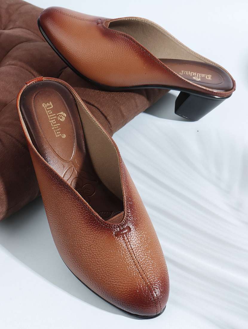 women solid slip on block heel mule