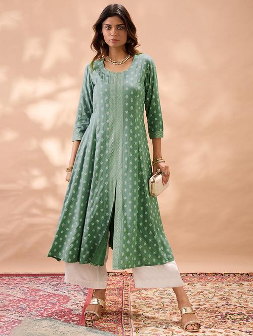 globus women mint green round neck ethnic print front slit flared hem panelled a-line kurta - 22013347 -  Standard Image - 0