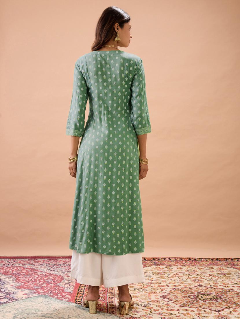globus women mint green round neck ethnic print front slit flared hem panelled a-line kurta - 22013347 - Standard Image - 2