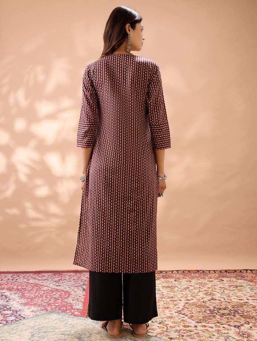 globus women maroon geometric print v-neck calf length straight kurta & pant set - 22013348 -  Standard Image - 2
