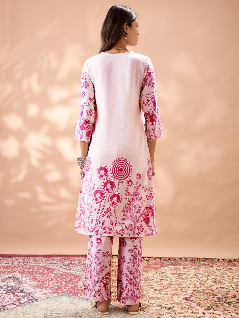 globus women pink gond floral print v-neck plated calf length straight kurta & pant set - 22013350 - Standard Image - 2