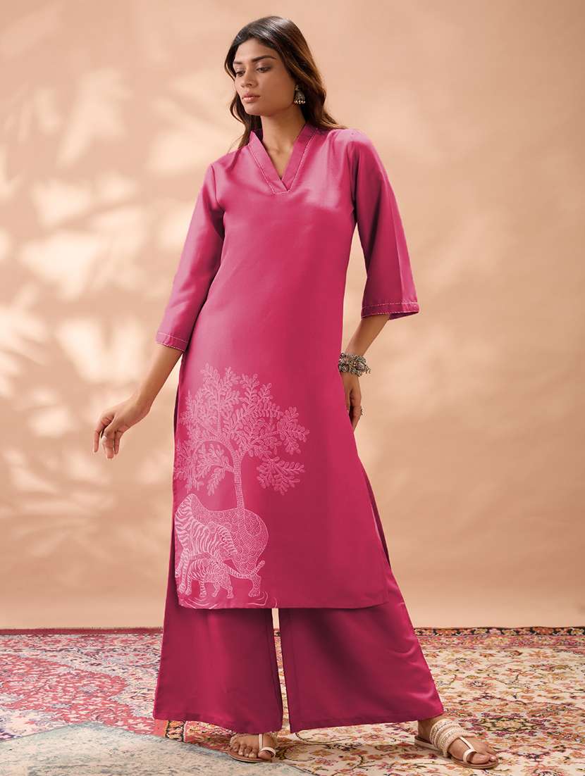 globus women pink gond animal print v-neck bell sleeves straight kurta & wide leg pant set - 22013351 - Standard Image - 2