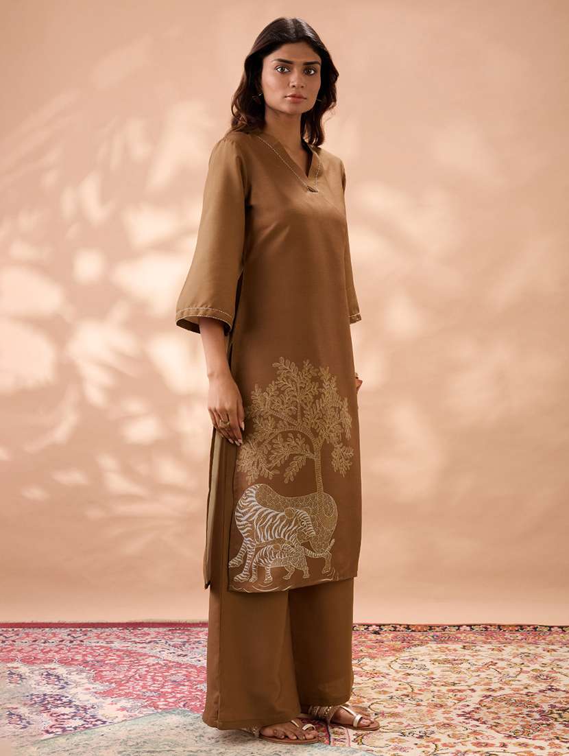 globus women brown gond animal print v-neck bell sleeves straight kurta & wide leg pant set - 22013352 - Standard Image - 2