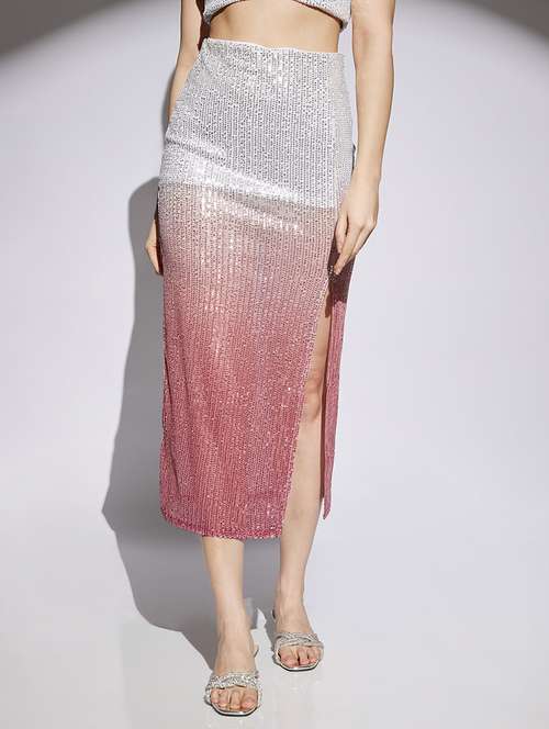 women sequined high rise high slit skirt