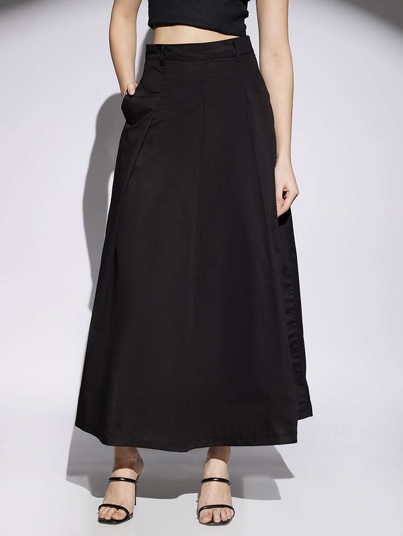 women black solid high rise flared skirt