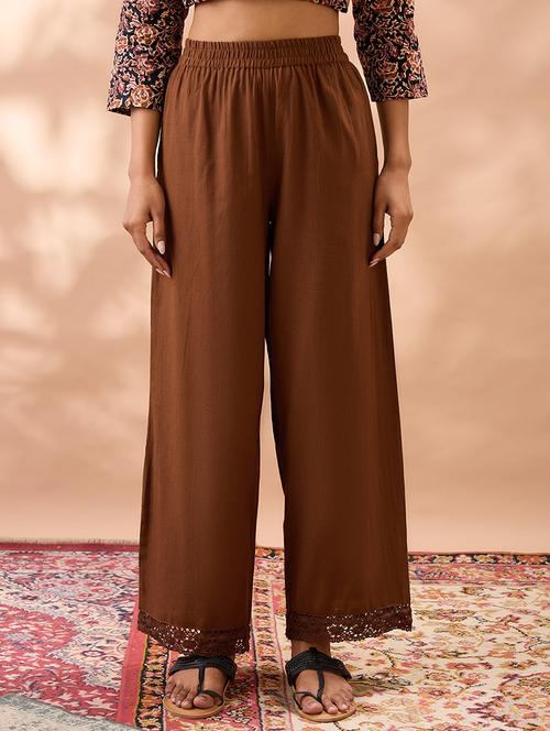 women brown solid high rise straight trouser - 22013372 - Standard Image - 0