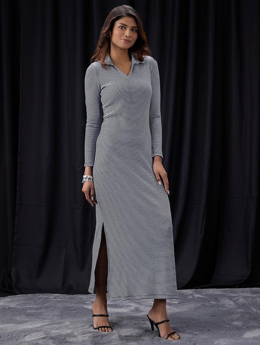 women striped long sleeve collared dress - 22013391 -  Zoom Image - 0
