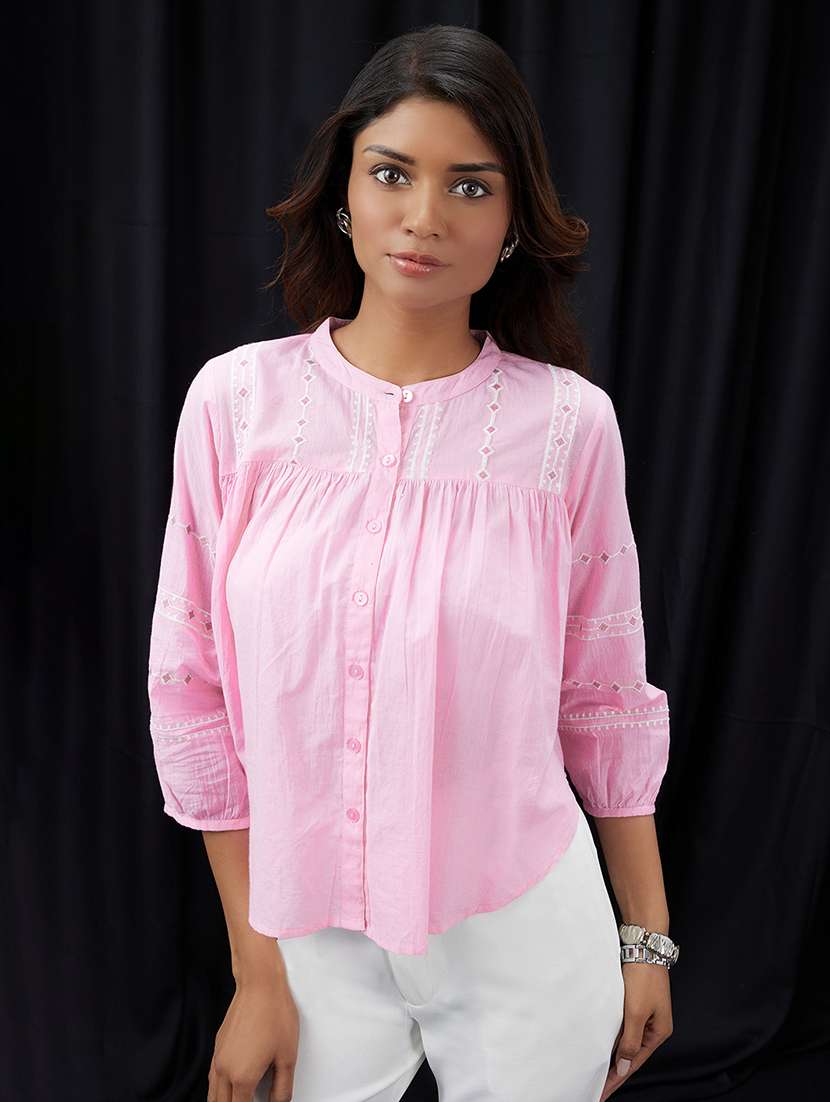 women pink solid puff sleeve shirt top