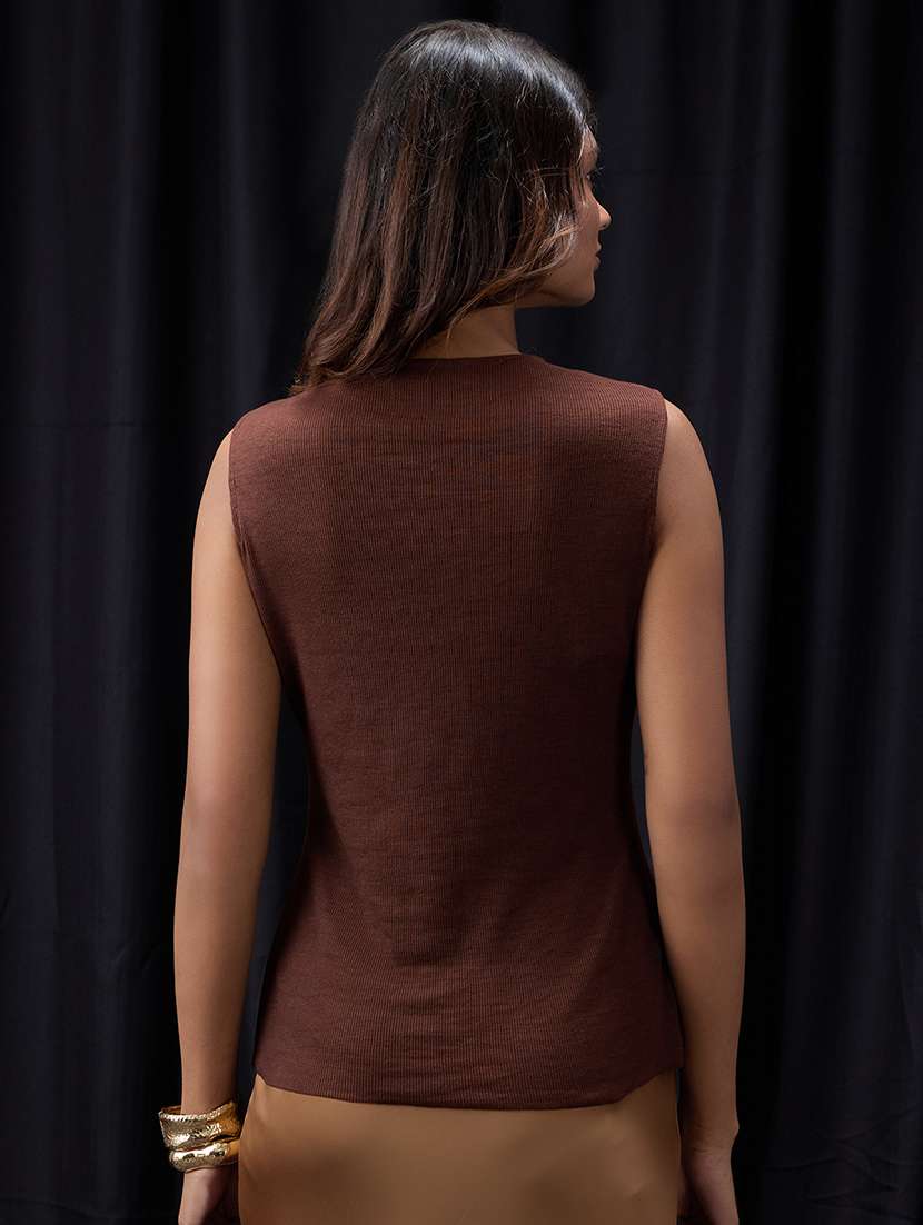 women brown solid sleeveless regular top - 22013407 -  Standard Image - 2