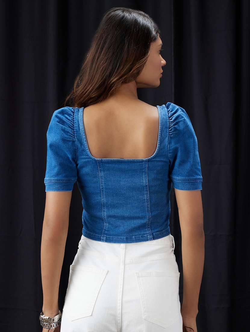 women solid puff sleeve denim corset top - 22013408 - Standard Image - 2