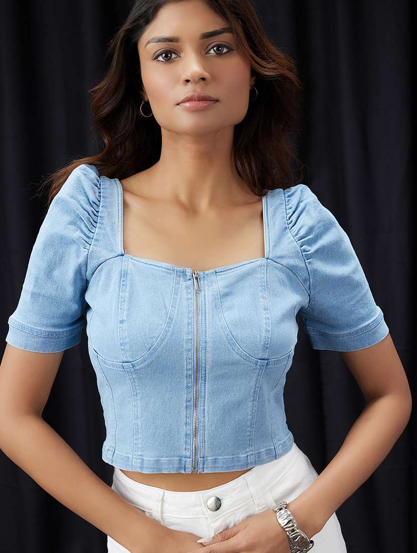 women solid puff sleeve denim corset top