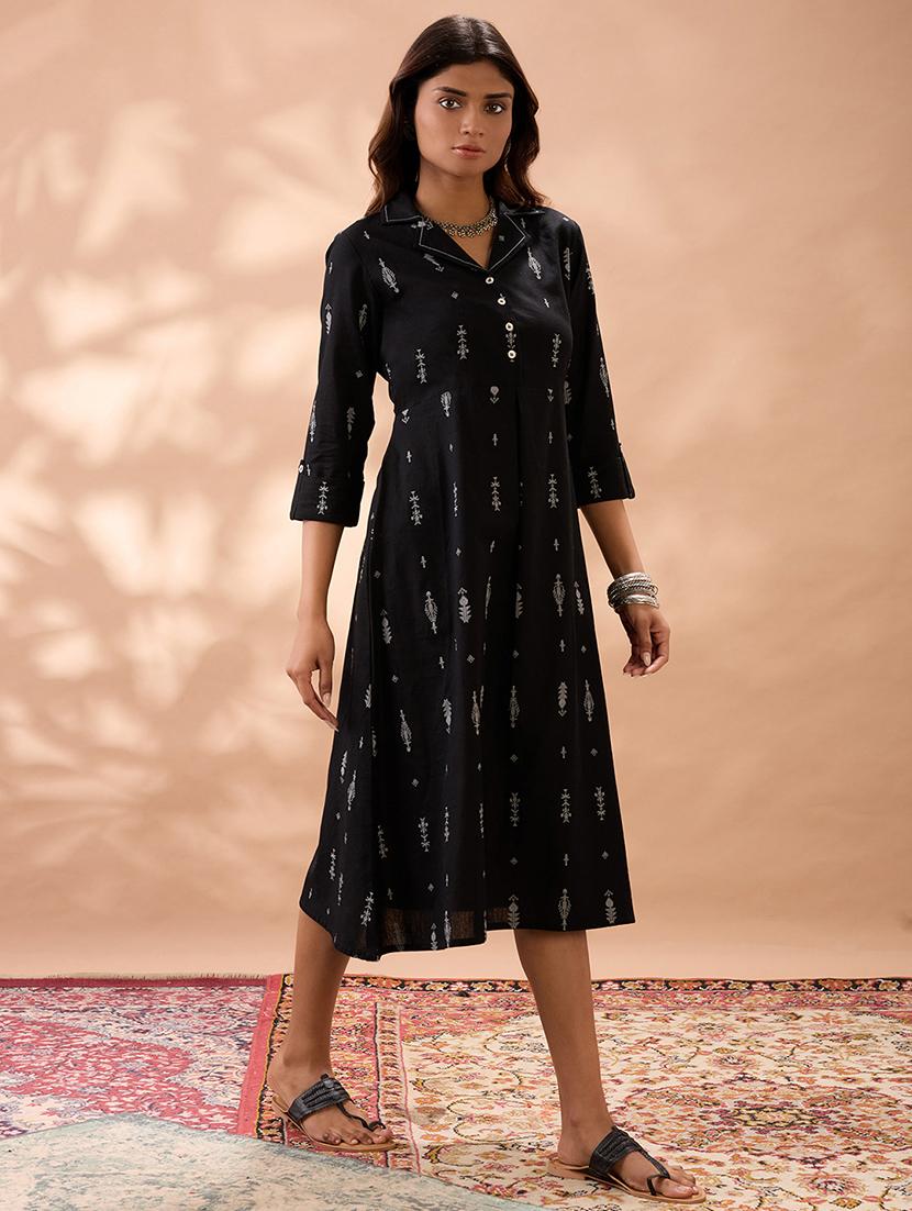 globus women black notched lapel roll up sleeves ethnic print a-line midi dress - 22013411 - Standard Image - 2