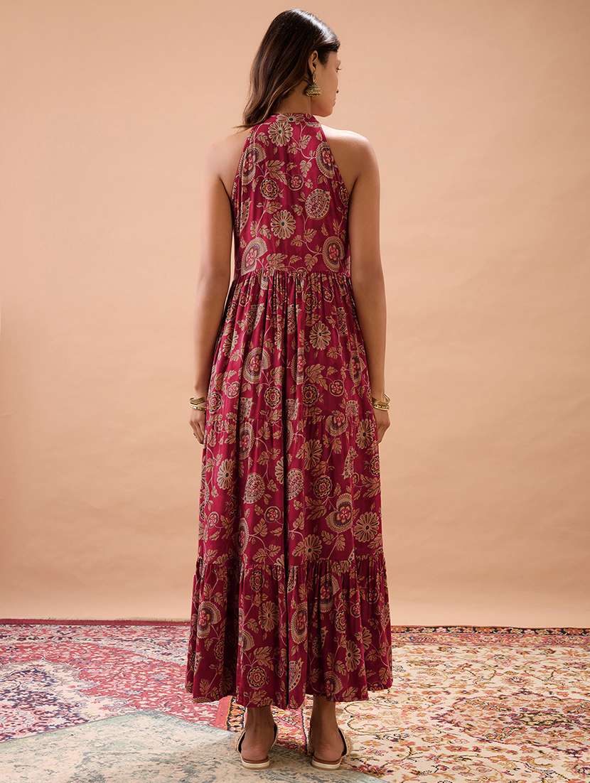 globus women maroon halter neck floral print gathered & tiered a-line maxi fusion dress - 22013412 -  Standard Image - 2