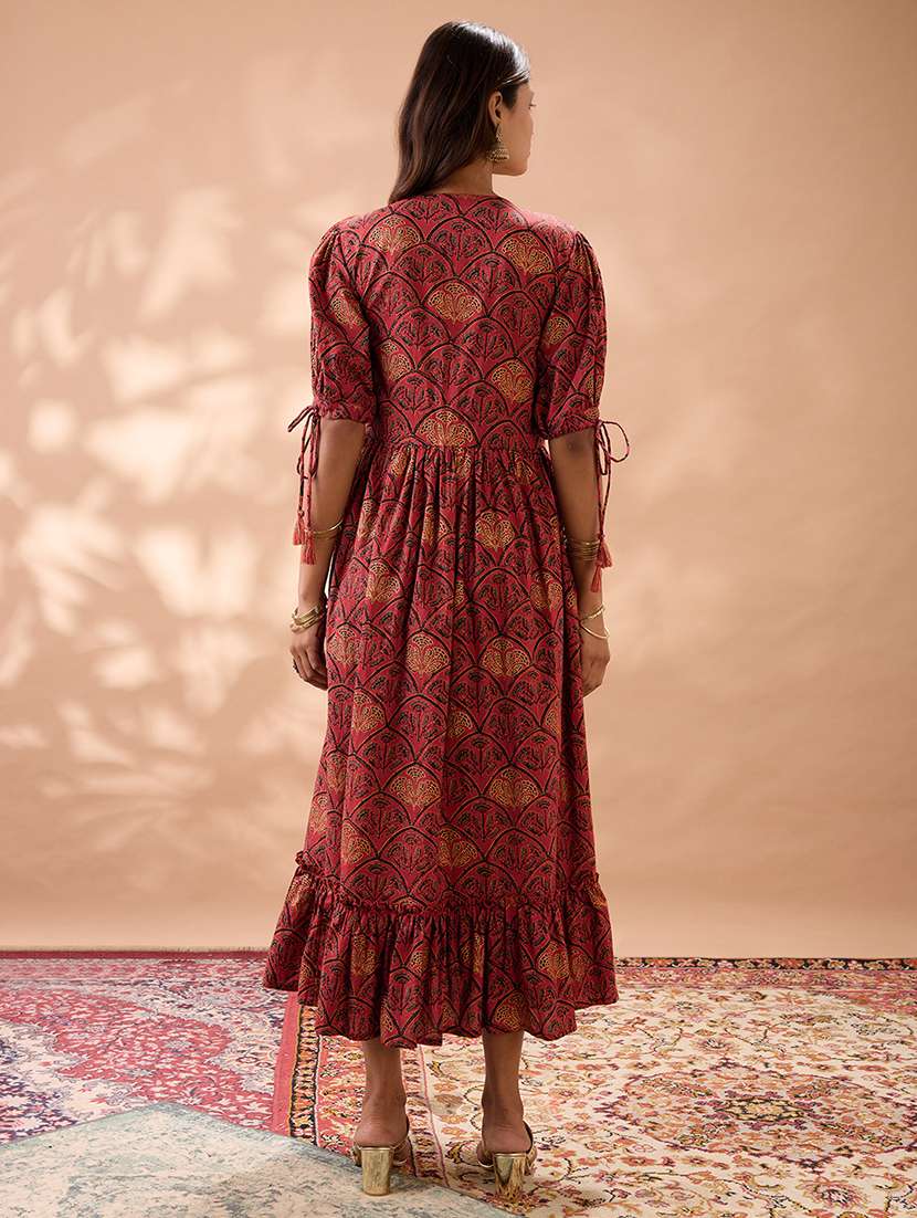 globus women maroon round neck puff sleeves ethnic print tie-ups detail tiered a-line midi dress - 22013413 -  Standard Image - 2