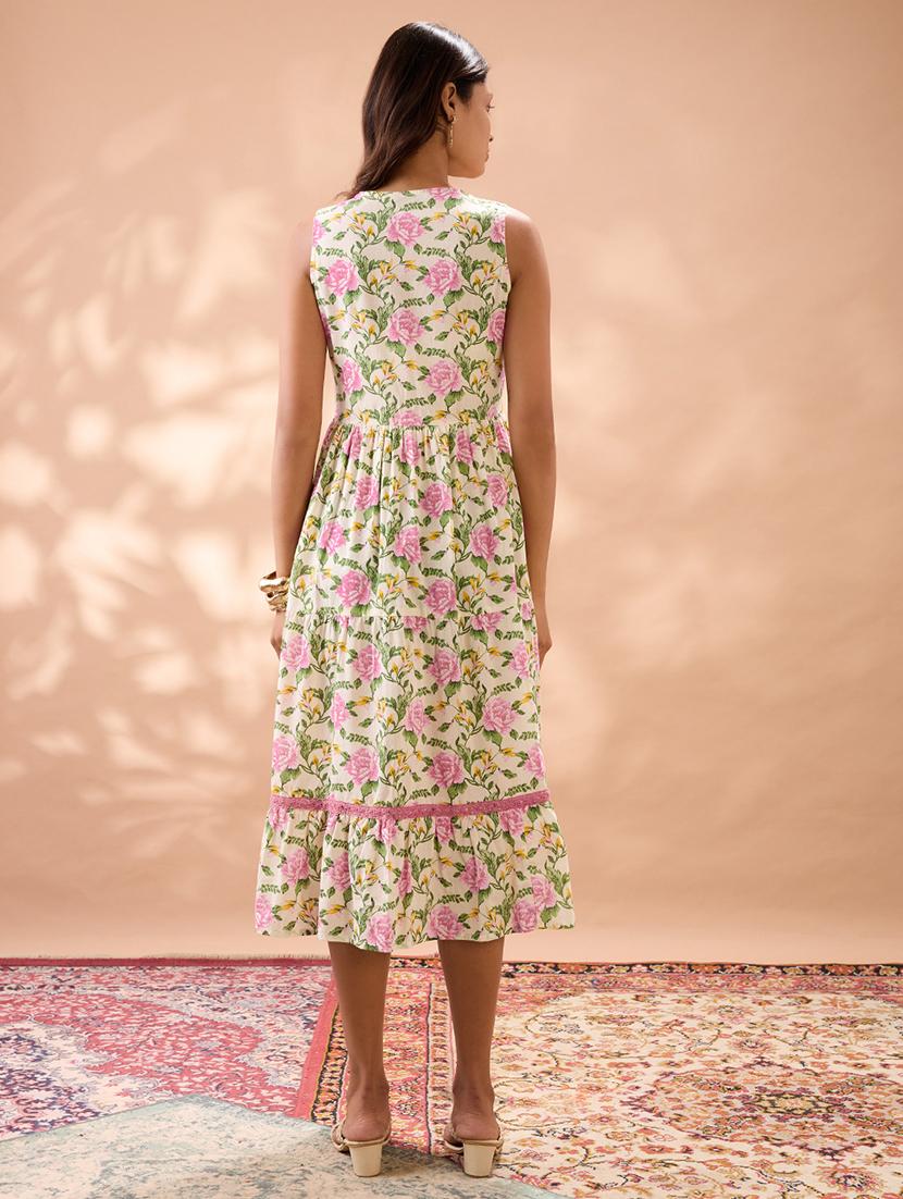globus women pink v-neck floral print gathered & tiered lace inserts a-line midi fusion dress - 22013414 - Standard Image - 2