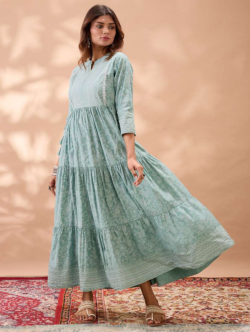 globus women green mandarin collar floral print fit and flare lace & tie up detail flared hem tiered maxi dress - 22013415 -  Standard Image - 2