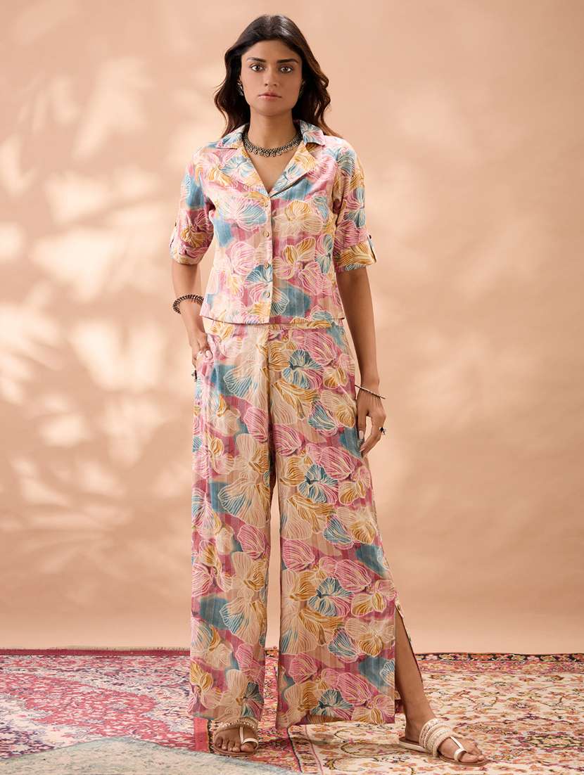 globus women multi color floral print notched lapel shirt with wide leg trousers fusion co-ord set