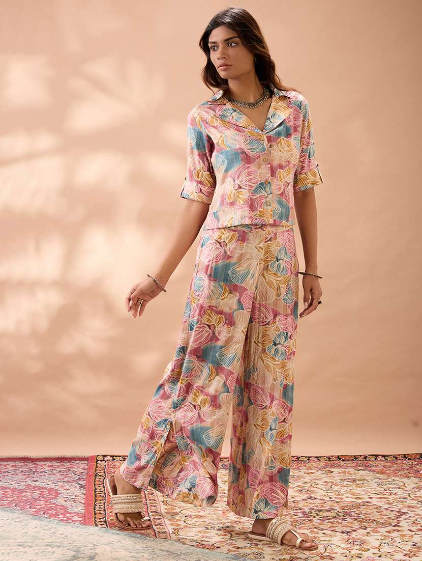 globus women multi color floral print notched lapel shirt with wide leg trousers fusion co-ord set - 22013417 -  Standard Image - 2
