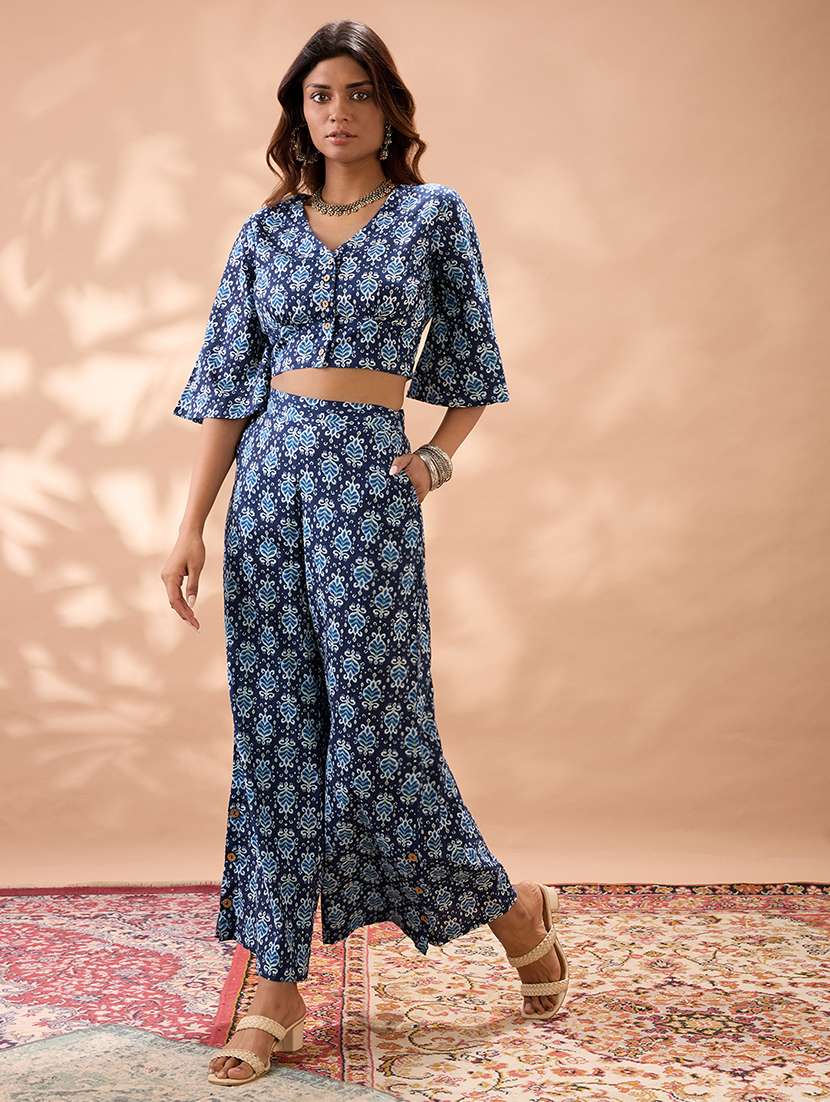 globus women navy blue ethnic print v-neck flared sleeves crop top with wide leg trousers co-ord set