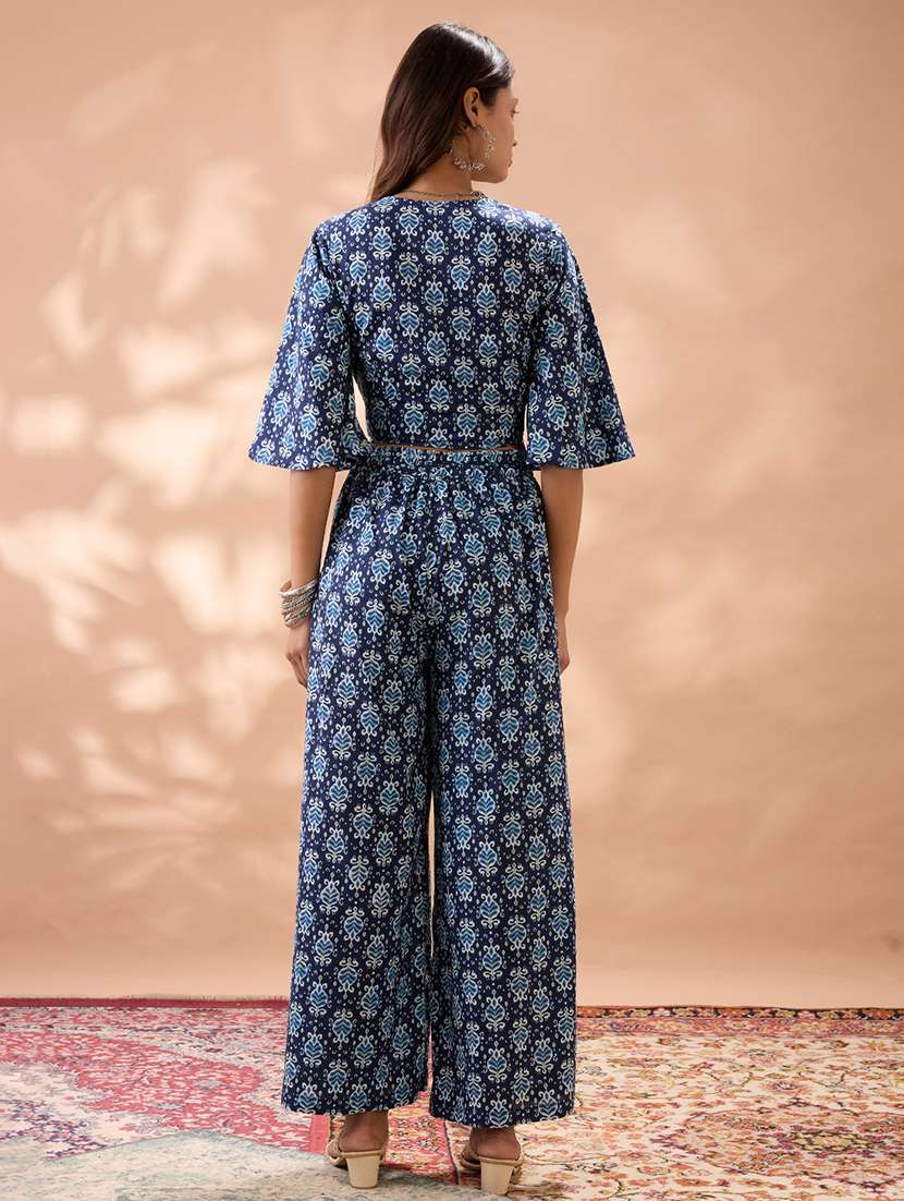 globus women navy blue ethnic print v-neck flared sleeves crop top with wide leg trousers co-ord set - 22013418 -  Standard Image - 2