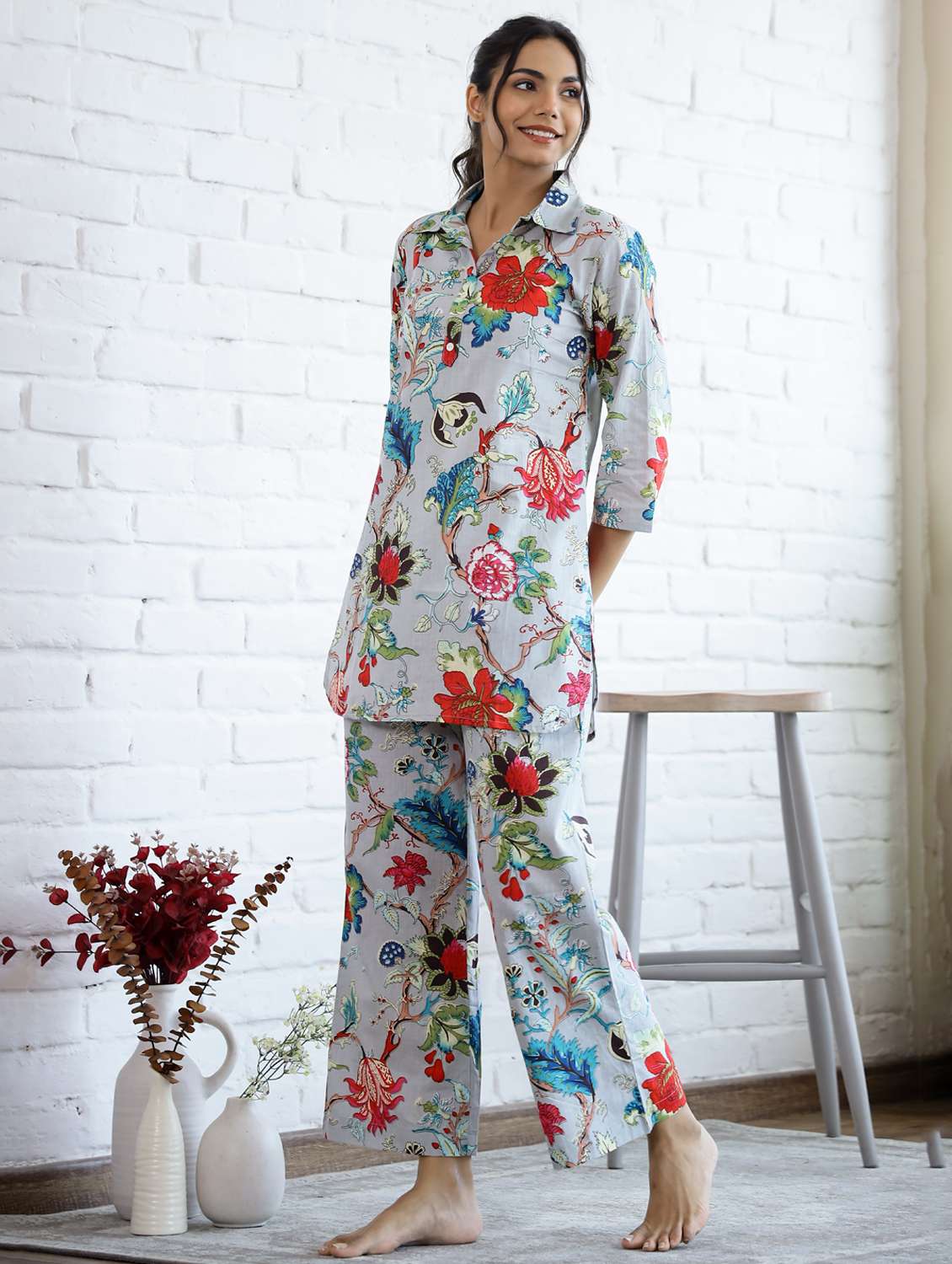 women printed three quarter sleeve co-ord set - 22013424 - Standard Image - 2