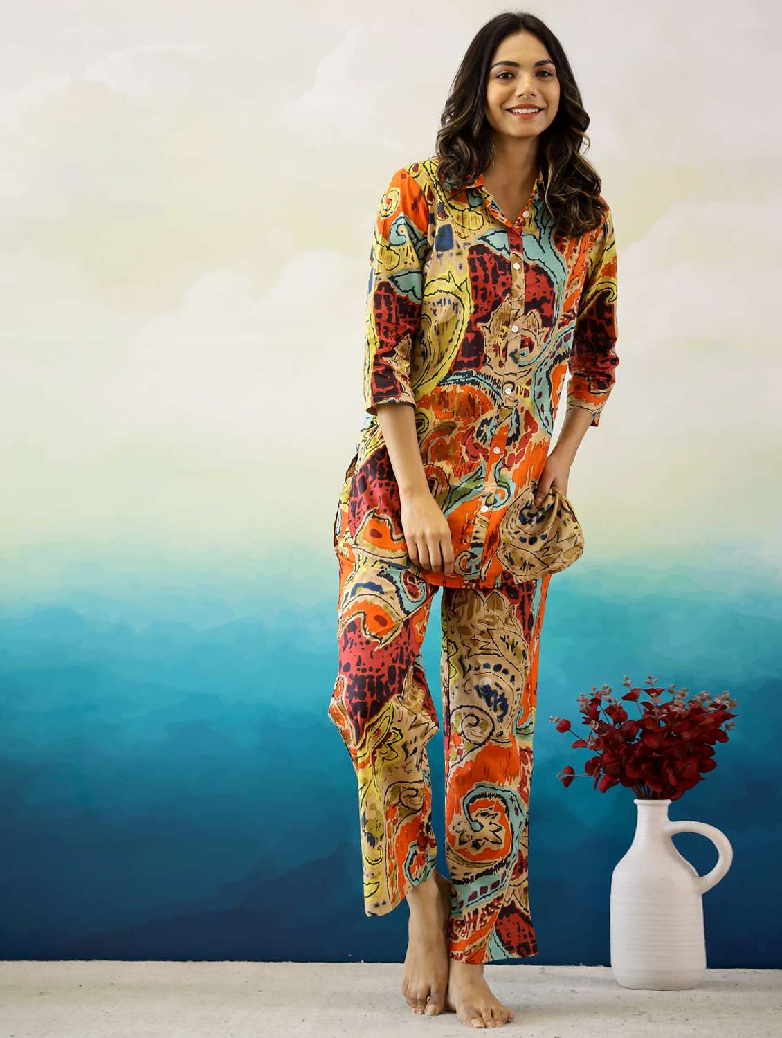 women printed three quarter sleeve co-ord set