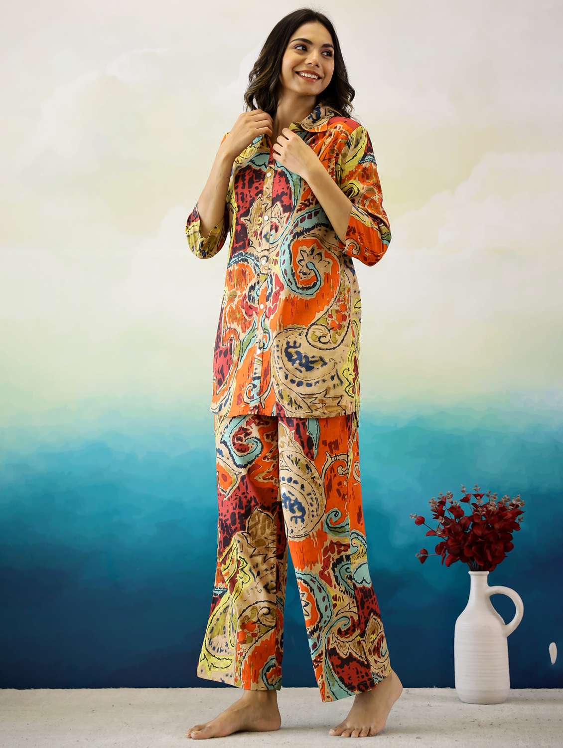 women printed three quarter sleeve co-ord set - 22013433 - Standard Image - 2