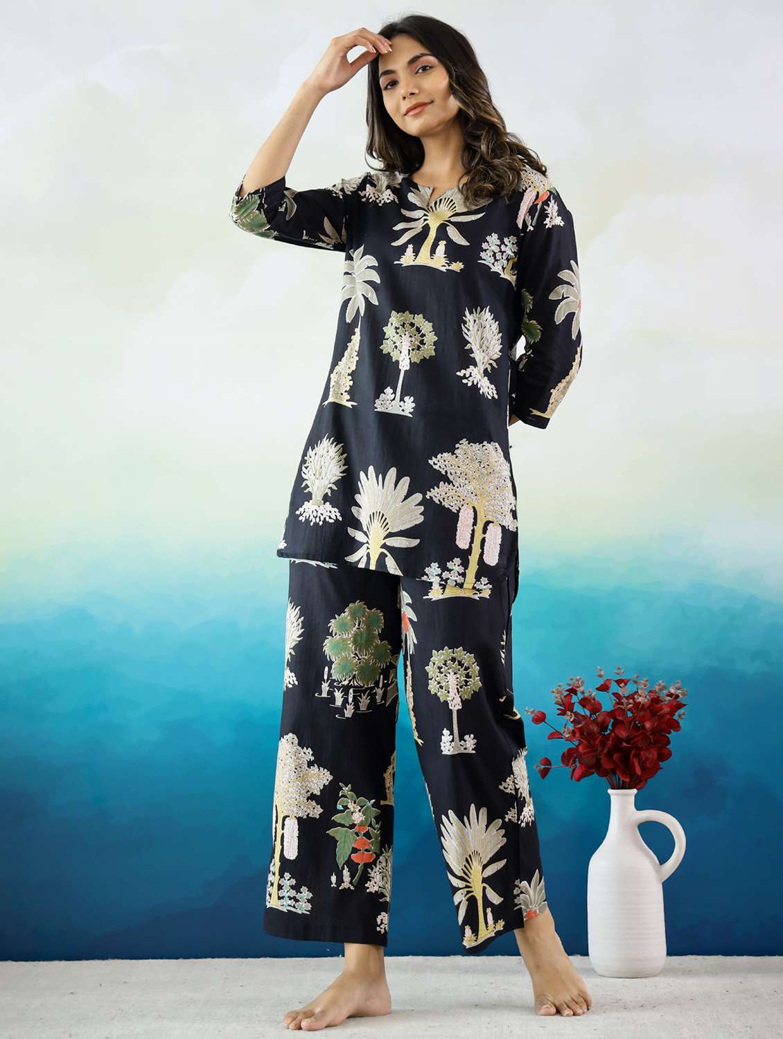 women printed three quarter sleeve co-ord set - 22013437 - Standard Image - 2