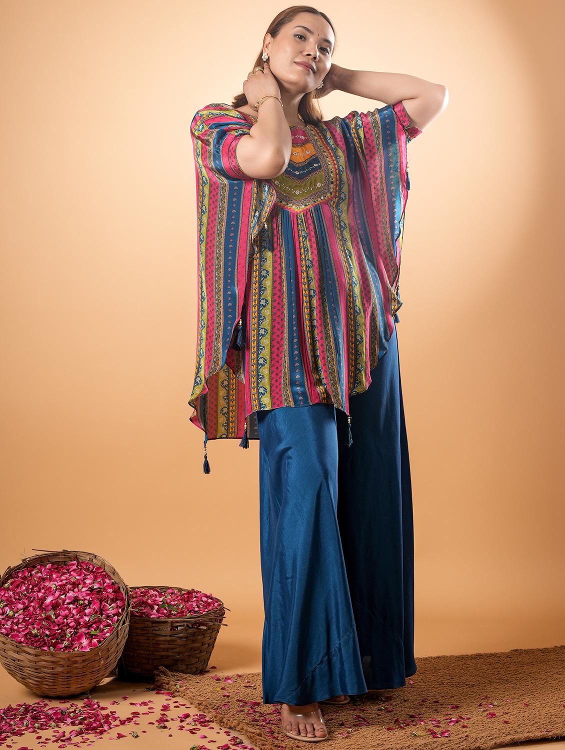 women printed kimono sleeve ethnic co ord set - 22013445 - Standard Image - 2