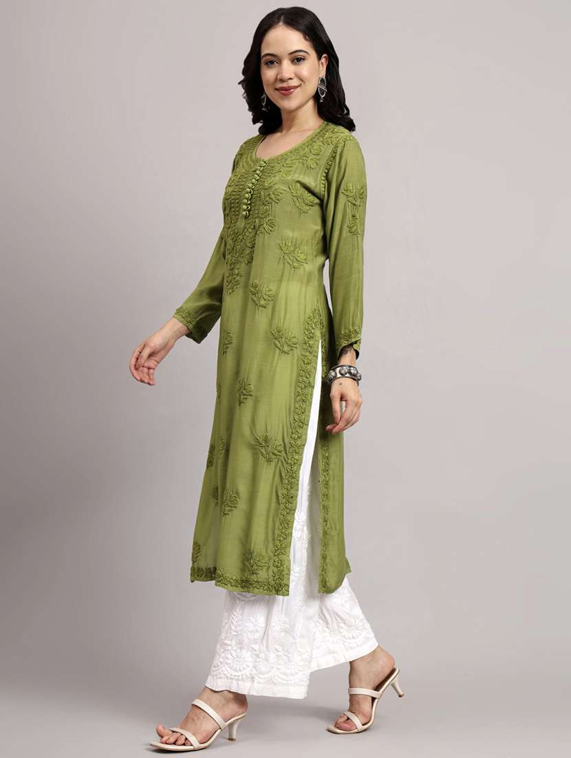 women long sleeve chikankari straight kurta - 22013537 -  Standard Image - 2