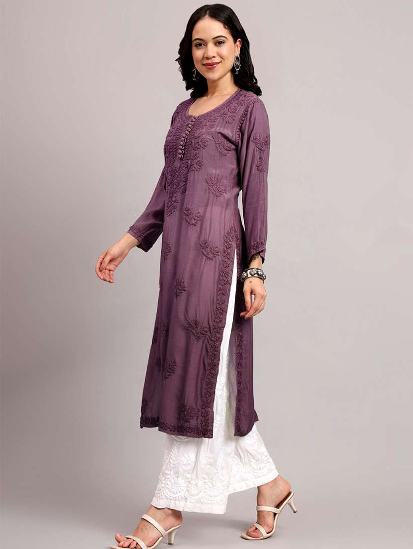 women long sleeve chikankari straight kurta - 22013540 -  Standard Image - 2