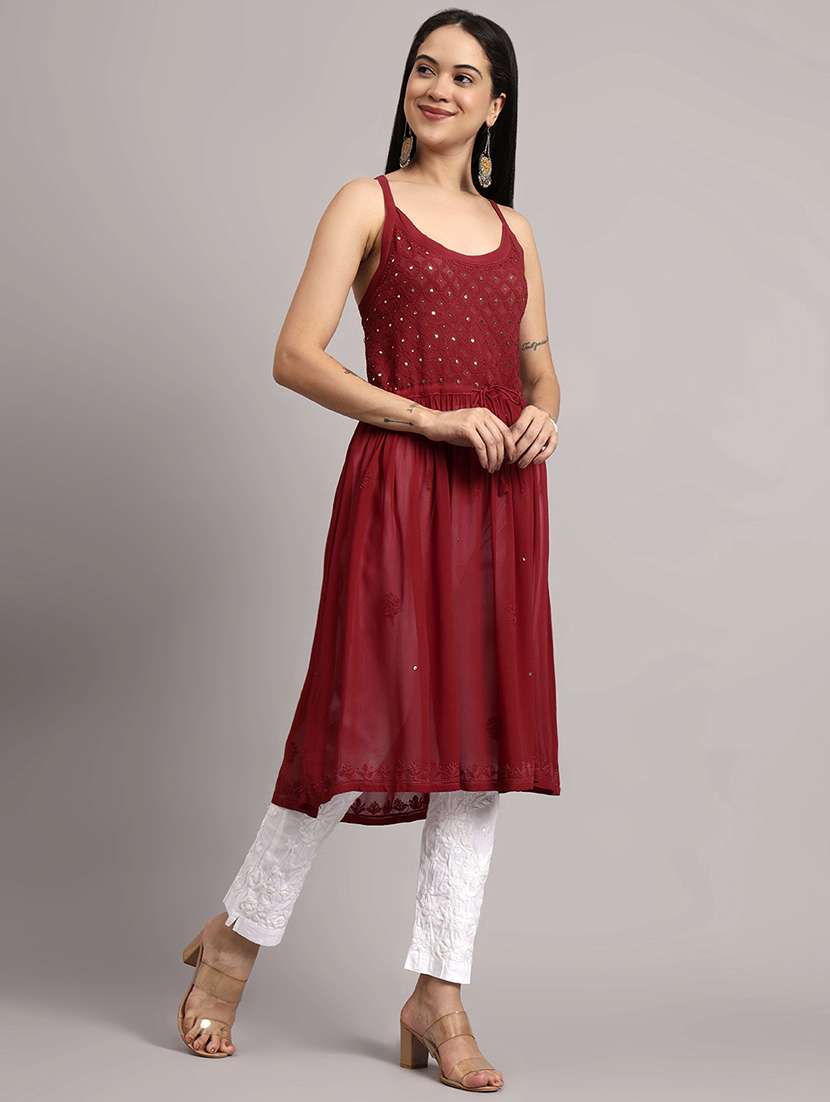 women embroidered shoulder strap flared kurta - 22013542 - Standard Image - 2