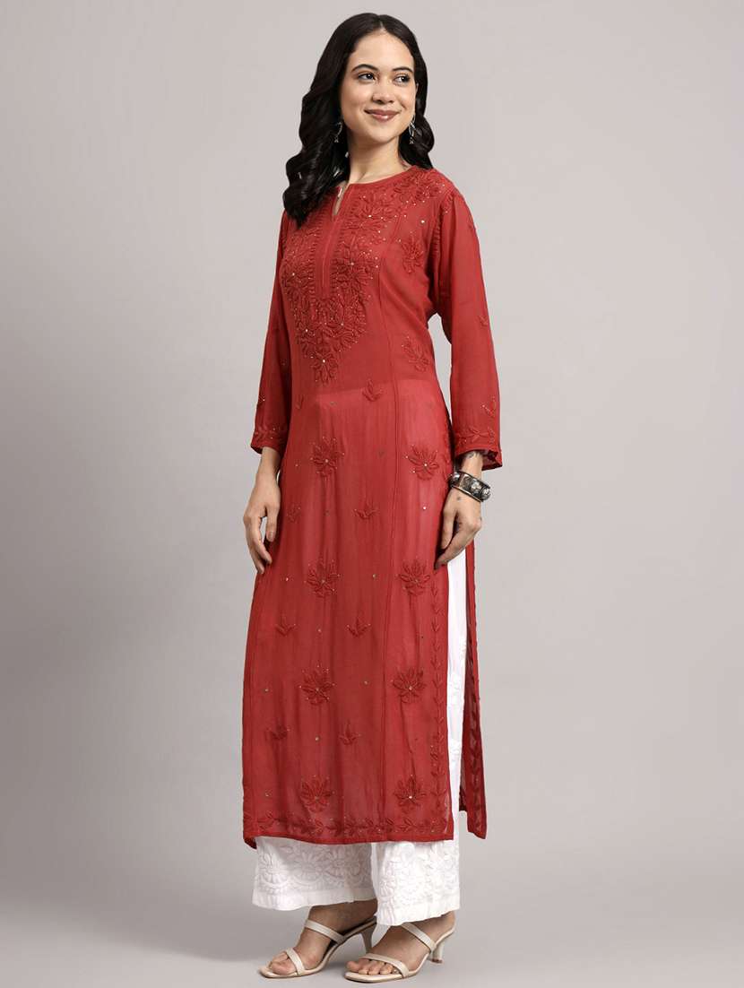 women long sleeve chikankari straight kurta - 22013543 - Standard Image - 2
