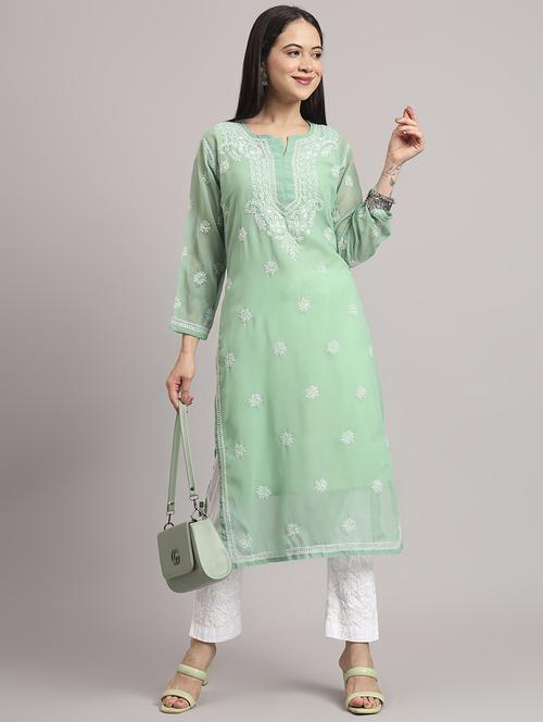 women long sleeve chikankari straight kurta - 22013545 -  Standard Image - 0