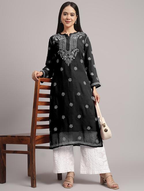 women long sleeve chikankari straight kurta - 22013546 - Standard Image - 0