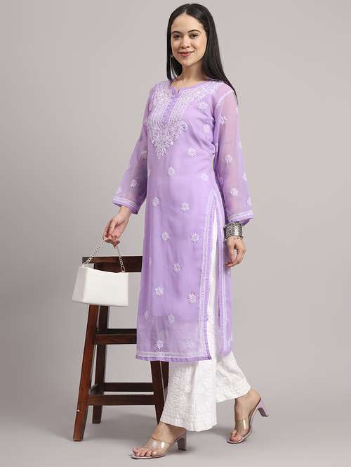 women long sleeve chikankari straight kurta with slip - 22013547 - Standard Image - 0