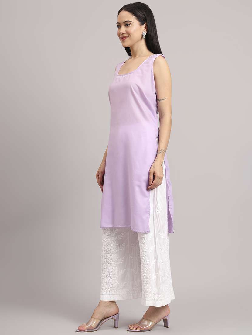 women long sleeve chikankari straight kurta with slip - 22013547 - Standard Image - 2
