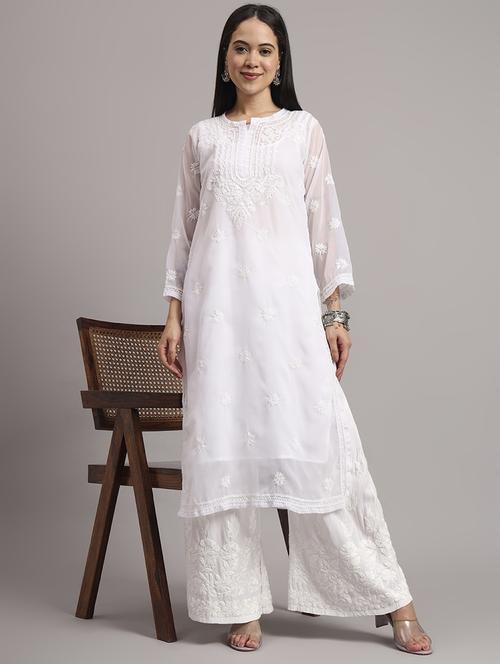 women long sleeve chikankari straight kurta with slip - 22013548 -  Standard Image - 0