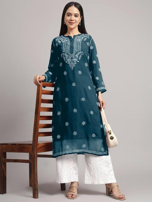 women long sleeve chikankari straight kurta - 22013549 -  Standard Image - 0
