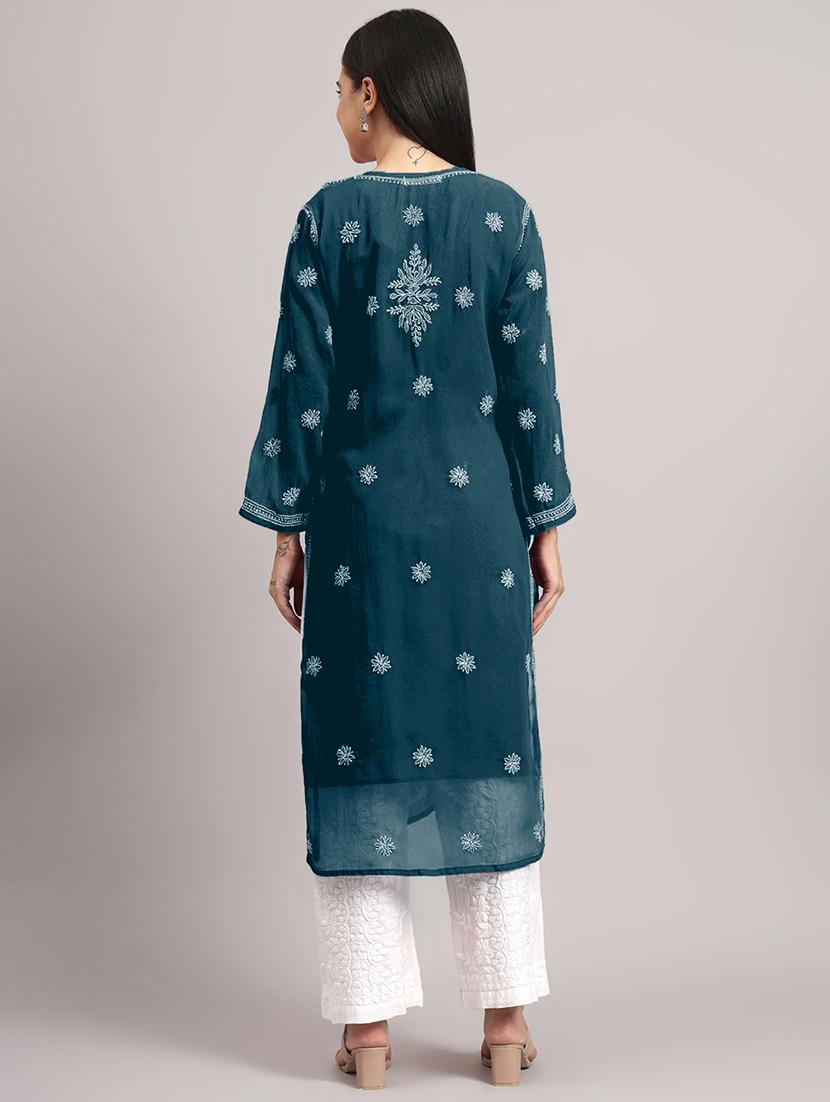 women long sleeve chikankari straight kurta - 22013549 - Standard Image - 2