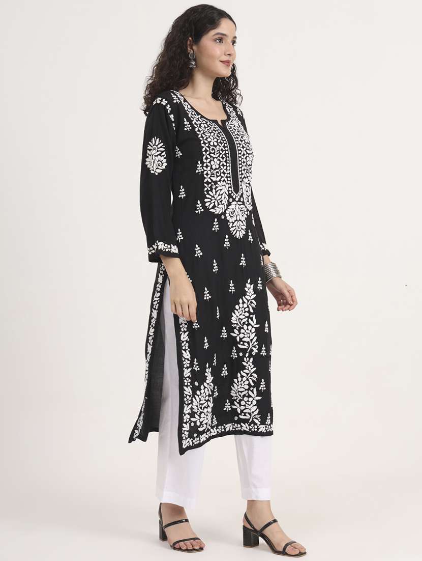 women long sleeve chikankari straight kurta - 22013551 - Standard Image - 2
