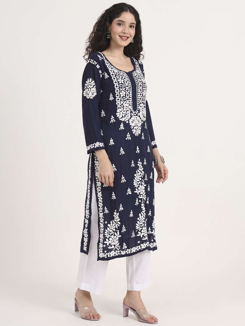 women long sleeve chikankari straight kurta - 22013552 - Standard Image - 2