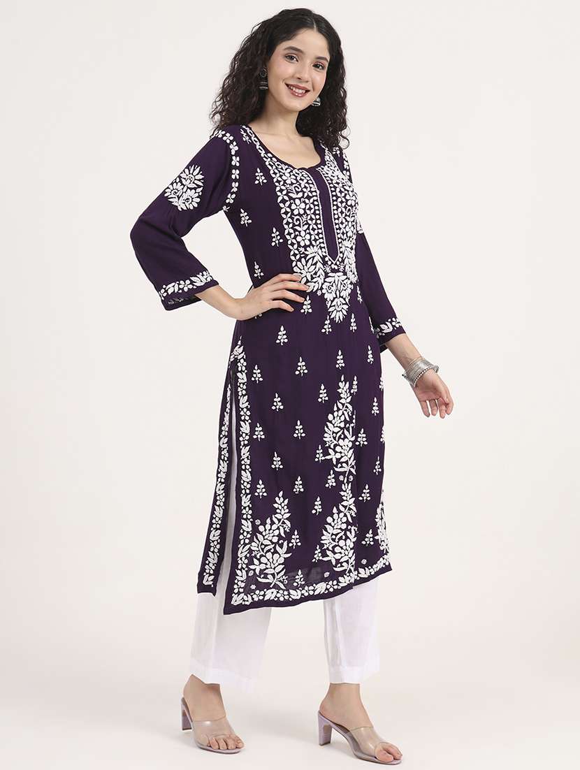 women long sleeve chikankari straight kurta - 22013553 - Standard Image - 2