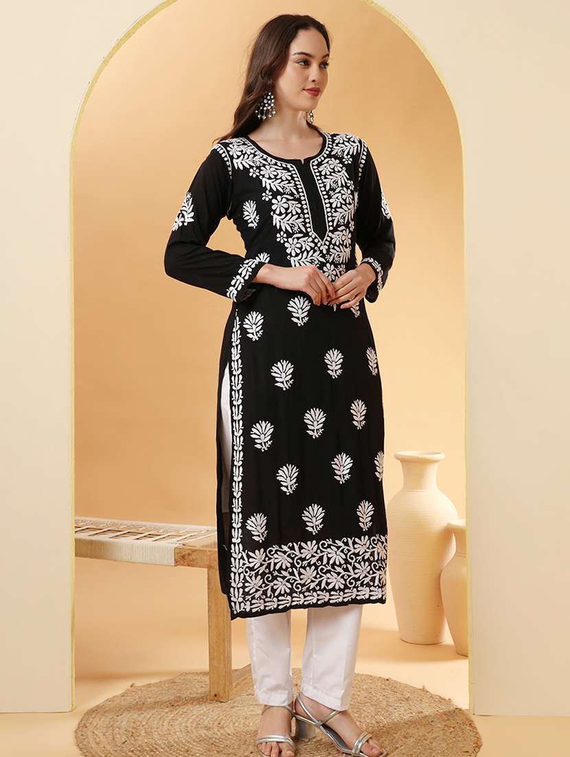 women long sleeve chikankari straight kurta - 22013554 - Standard Image - 2