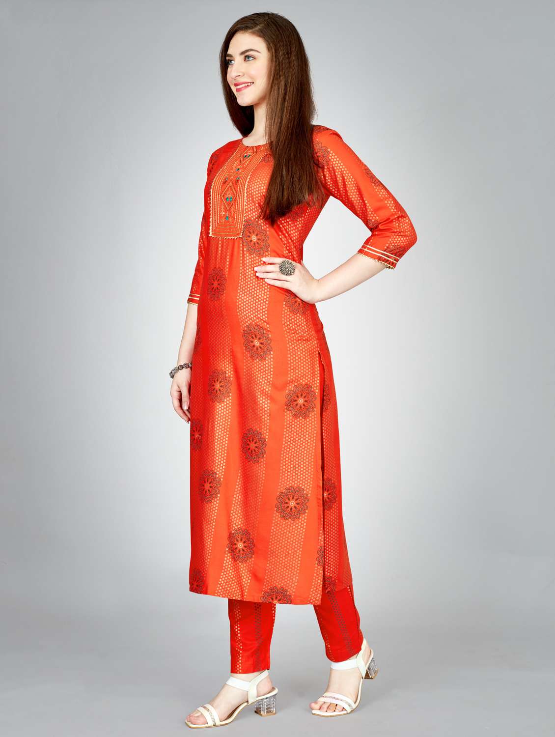 women embroidered three quarter sleeve kurta pant set - 22014151 - Standard Image - 2