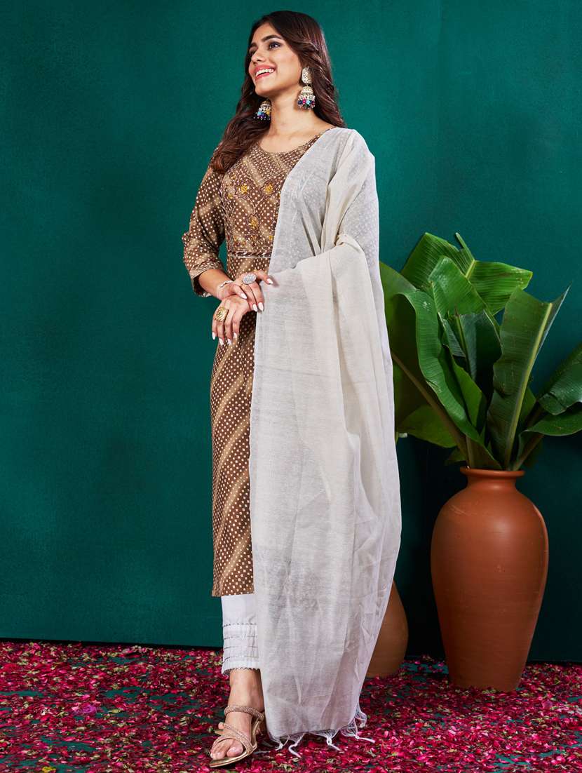 women three quarter sleeve kurta pant with dupatta set - 22014153 - Standard Image - 2
